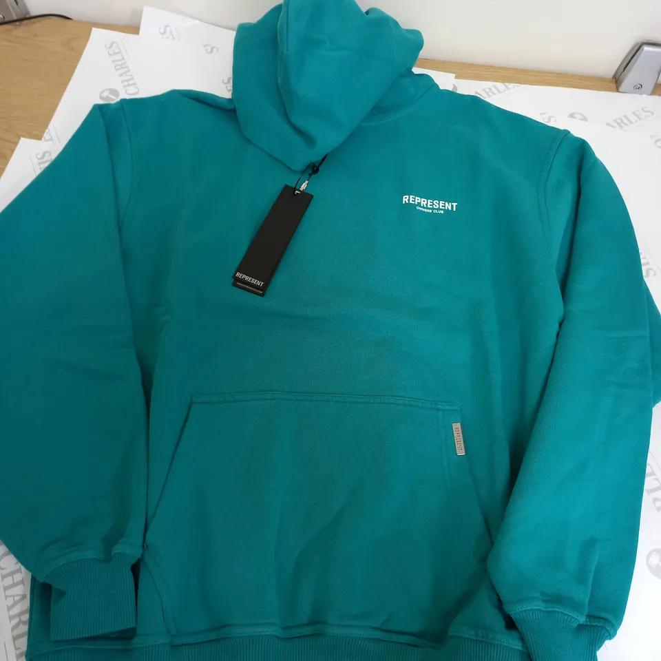 REPRESENT TURQUOISE PLAIN HOODIE WITH LOGO - SMALL
