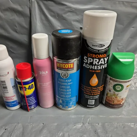 APPROXIMATELY 10 ASSORTED AEROSOLS TO INCLUDE WD-40, AIR FRESHNER AND STRONG SPRAY ADHESIVE