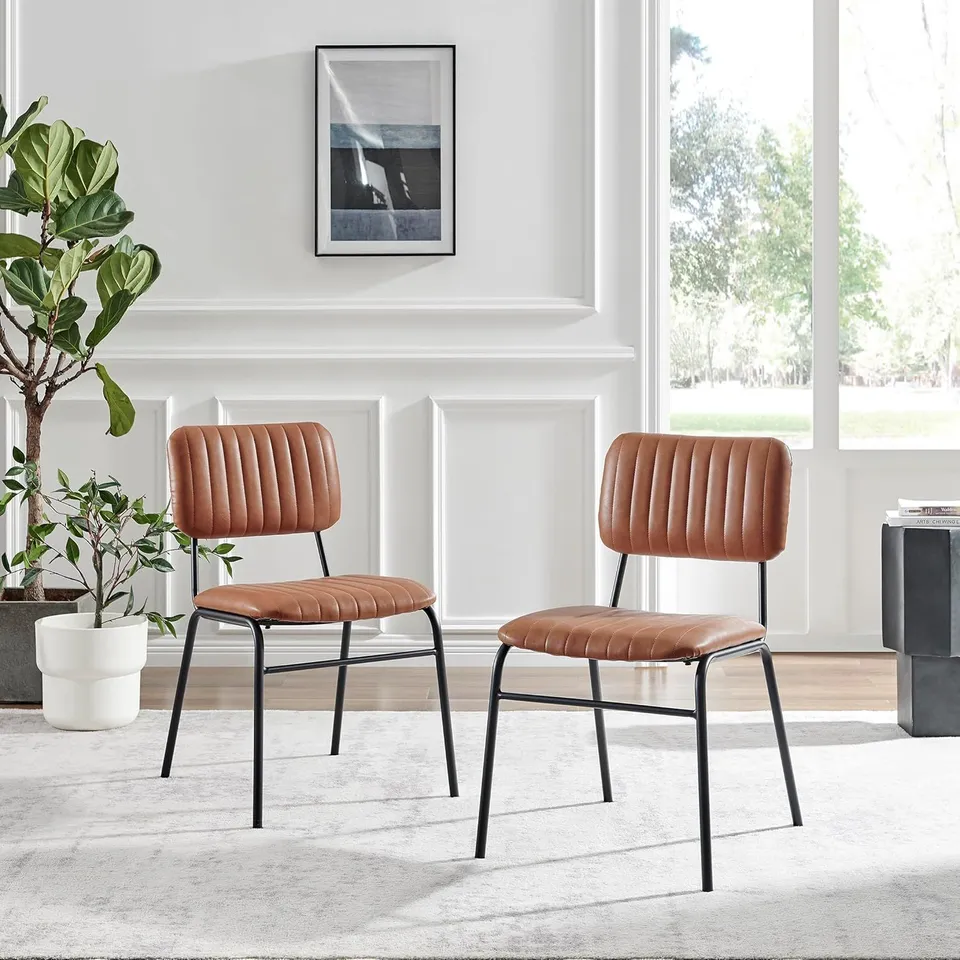 BOXED FAUX LEATHER UPHOLSTERED DINING CHAIRS (SET OF 2) - BROWN/BLACK LEGS (1 BOX)