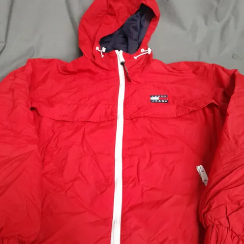 TOMMY JEAN RED ZIP UP JACKET WITH HOOD - MEDIUM