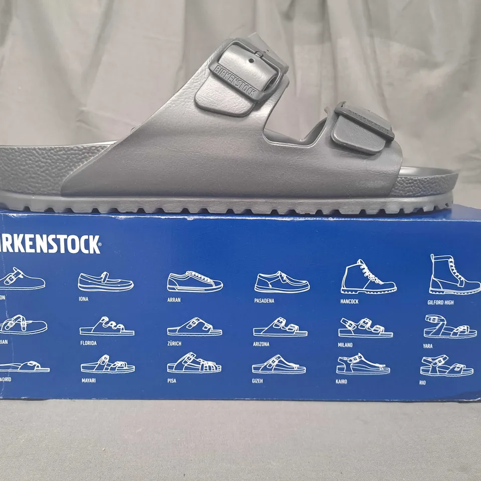 BOXED PAIR OF BIRKENSTOCK ARIZONA EVA OPEN TOE SANDALS IN DARK GREY UK SIZE 11.5 