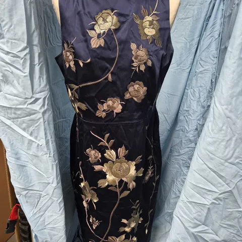 COAST NAVY SATIN DRESS WITH GOLD FLORAL EMBROIDERY – UK SIZE 16