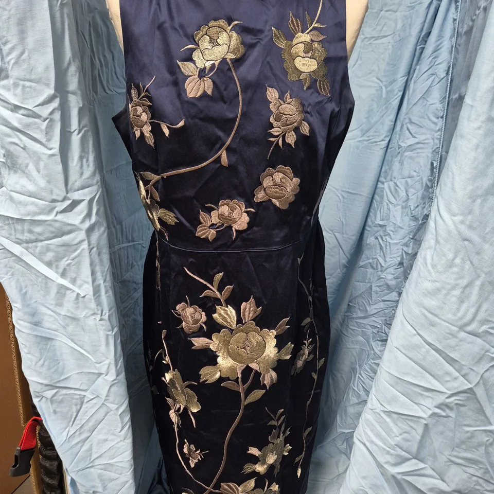 COAST NAVY SATIN DRESS WITH GOLD FLORAL EMBROIDERY – UK SIZE 16