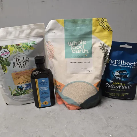 APPROXIMATELY 10 ASSORTED FOOD & DRINK ITEMS TO INCLUDE - WHOLE FOOD EARTH SESAME SEEDS , FILBERTS GHOST SHIPS BEERY NUTS ETC