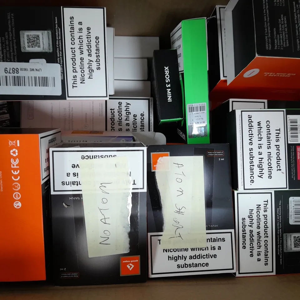 BOX OF APPROXIMATELY 20 ASSORTED E-CIGARETTE/VAPING PRODUCTS - MAKES, MODELS, COLOURS, AND STYLES VARY - COLLECTION ONLY