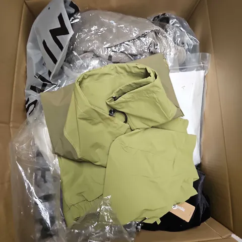 LARGE BOX OF APPROXIMATELY 20 ASSORTED CLOTHING ITEMS IN VARIOUS SIZES, STYLES AND COLOUR