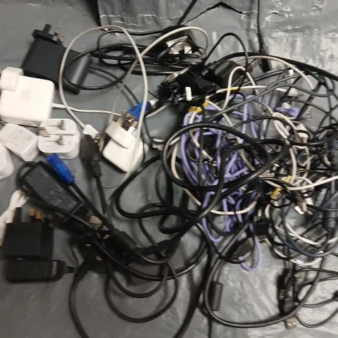 LOT OF ASSORTED CABLES, CHARGERS, PLUGS AND LEADS