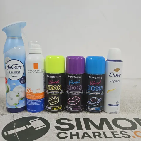 APPROXIMATELY 20 ASSORTED ITEMS INCLUDING DOVE LONG LASTING FRAGRANCE, PAINT FACTORY QUICK DRYING SPRAY PAINT AND LA ROCHE-POSAY UV SPORT