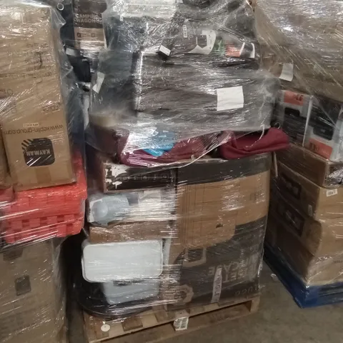 PALLET OF ASSORTED E-COMMERCE GOODS AND PRODUCTS TO INCLUDE; SUITCASE/CABIN BAGS, YOGA MATS, EXERCISE BALL, SMALL METAL BINS, TAPE, COAT HANGERS ETC