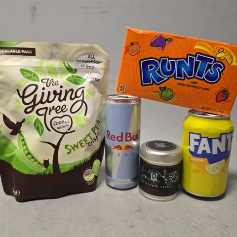 APPROXIMATELY 10 ASSORTED FOOD & DRINK ITEMS TO INCLUDE -FANTA LEMON , RED BULL , RUNTS ETC