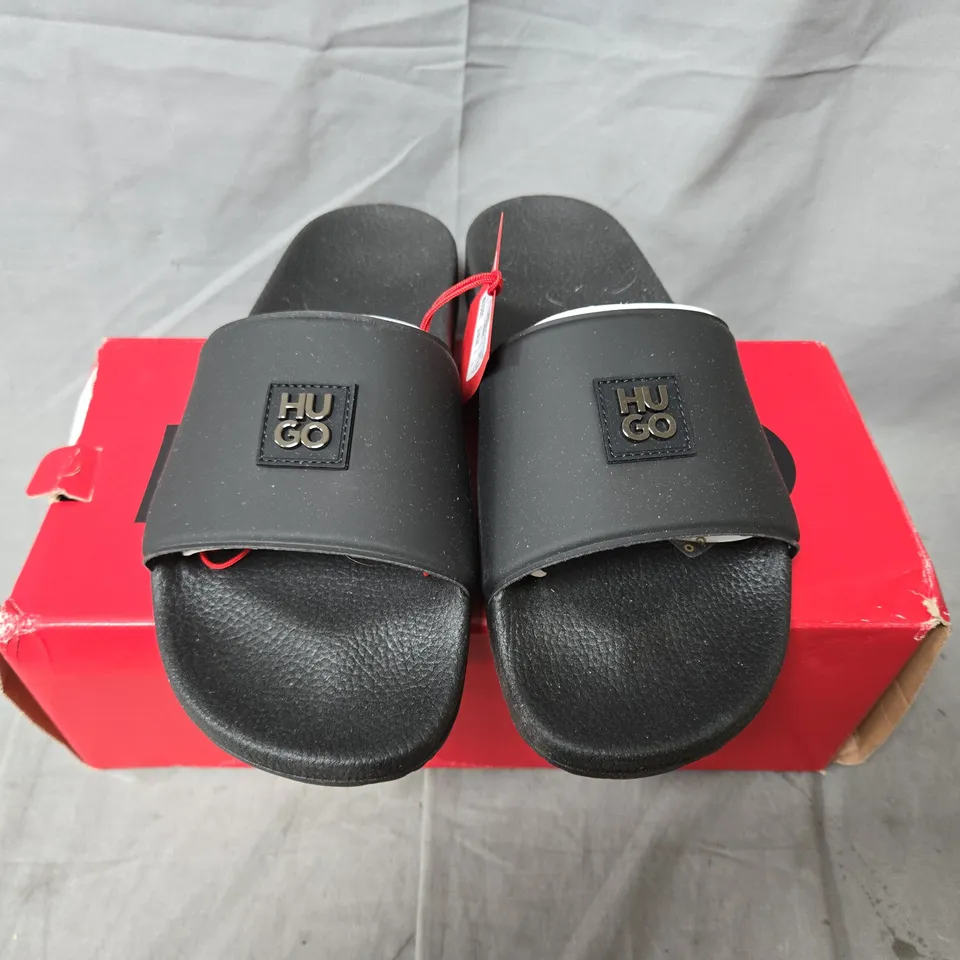 BOXED PAIR OF HUGO BOSS SLIDES – BLACK, UK 9 (EU 43)