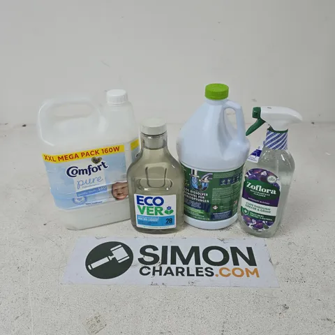 APPROXIMATELY 4 ASSORTED LARGE LIQUIDS TO INCLUDE COMFORT PURE, ECO VER NON BIO LAUNDRY, ZOFLORA MIDNIGHT BLOOMS, ETC