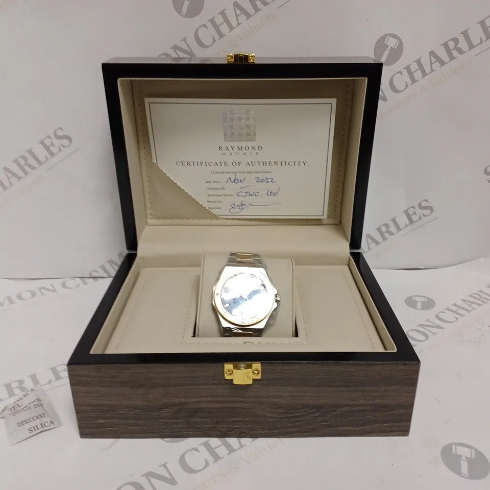 RAYMOND GAUDIN MENS WATCH – MULTI FUNCTION DIAL – STAINLESS STEEL CASE & STRAP – 5ATM WATER RESISTANT - WOODEN GIFT BOX