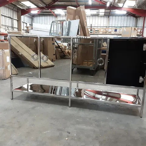 MIRRORED 4 DOOR DRESSER WITH 2 SHELVES,  1 MISSING DOOR 