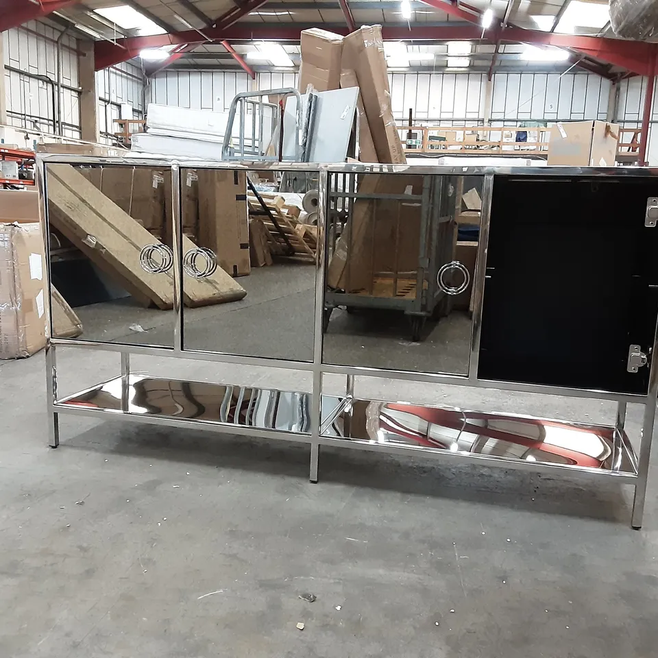 MIRRORED 4 DOOR DRESSER WITH 2 SHELVES,  1 MISSING DOOR 