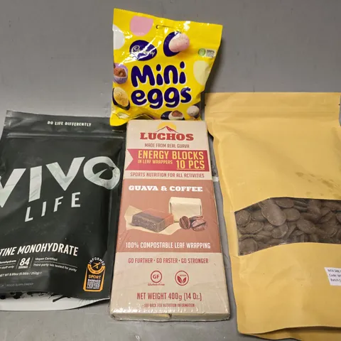 APPROXIMATELY 8 ASSORTED FOOD & DRINK ITEMS TO INCLUDE - MINI EGGS , LUCHOS ENERGY BLOCKS  , VIVO LIFE CREATINE MONOHYDRATE ETC