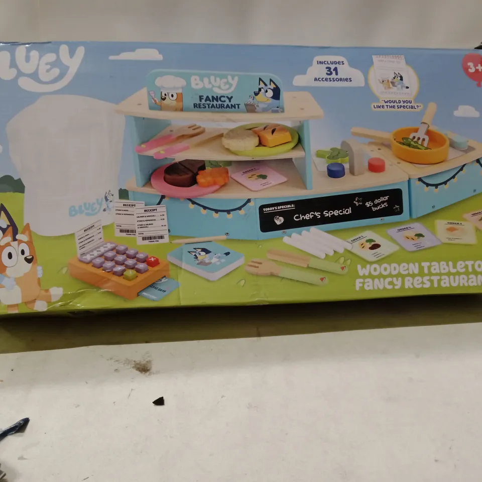 BOXED BLUEY WOODEN TABLETOP FANCY RESTAURANT PLAYSET