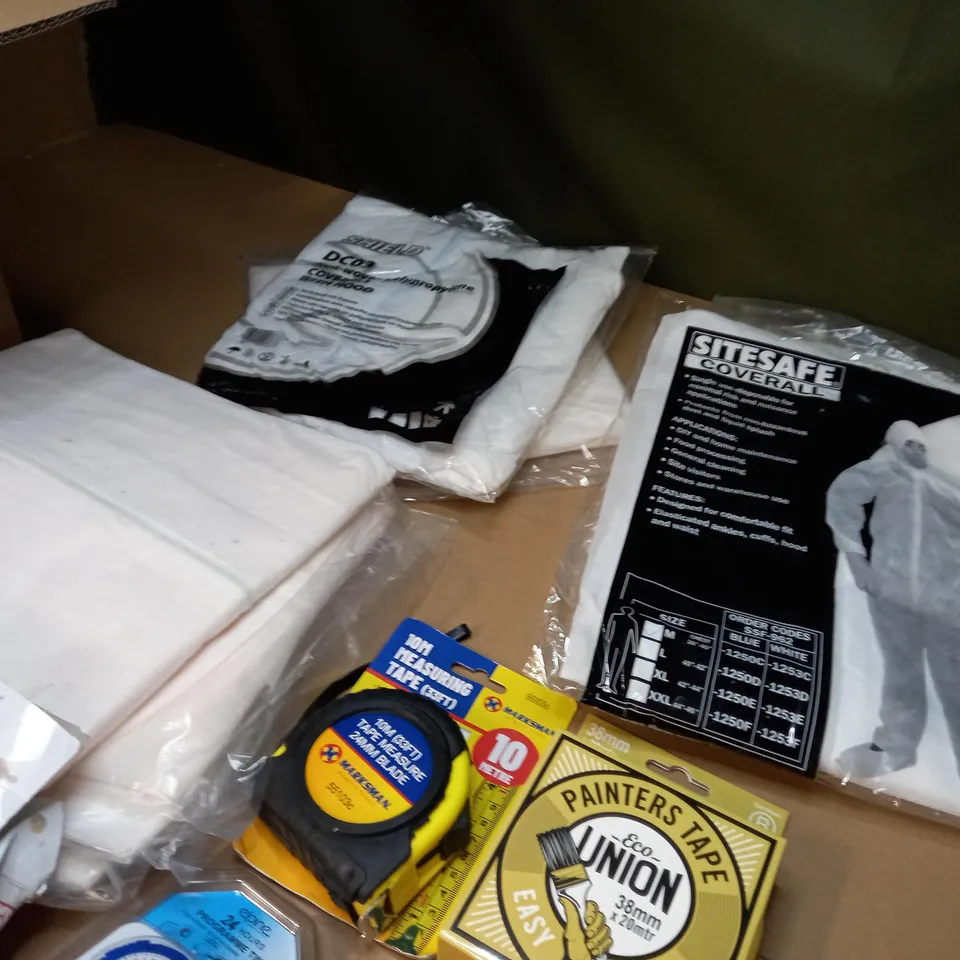 LOT OF APPROX 15 ASSORTED HOUSEHOLD/DIY RELATED ITEMS TO INCLUDE: PACKAGED COVERALLS, PAINTERS TAPE, HENERY HOOVER BAGS
