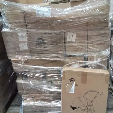PALLET CONTAINING VARIOUS ASSORTED BOXED ITEMS TO INCLUDE. STAINLESS STEEL COFFEE MAKER, PET STROLLER, CORDLESS HEDGE TRIMMER, ELECTRIC OVEN AND LOTS MORE UNMARKED BOXED ITEMS