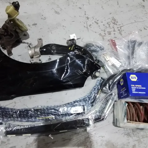 LOT OF APPROXIMATELY 10 ASSORTED CAR AND VEHICLE PARTS TO INCLUDE HYUNDAI WIND DEFLECTOR, TARAXACUM BRAKE PADS AND COIL SPRINGS