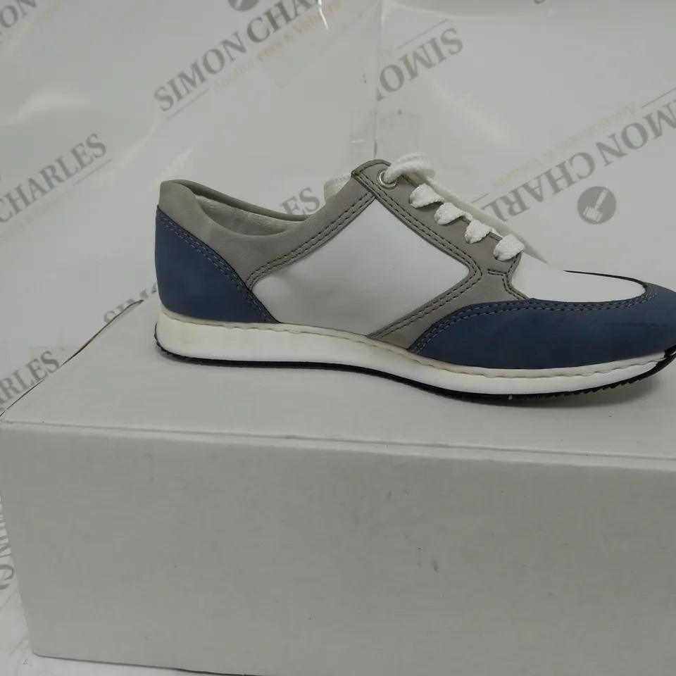 BOXED PAIR OF RIEKER SNEAKERS WITH REMOVABLE INSOLE COMBINATION BLUE UK SIZE 4