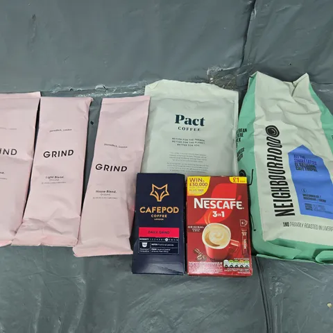 APPROXIMATELY 6 ASSORTED COFFEE PRODUCTS TO INCLUDE PACT, GRIND, AND CAFEPOD ETC.