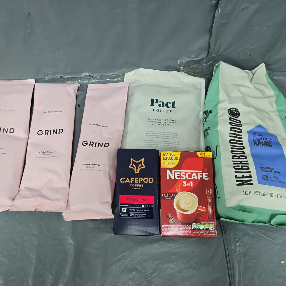 APPROXIMATELY 6 ASSORTED COFFEE PRODUCTS TO INCLUDE PACT, GRIND, AND CAFEPOD ETC.