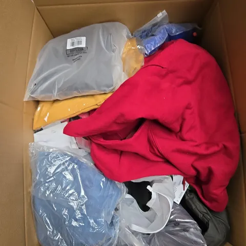 LARGE BOX OF ASSORTED CLOTHING ITEMS IN VARIOUS SIZES, STYLES AND COLOUR 