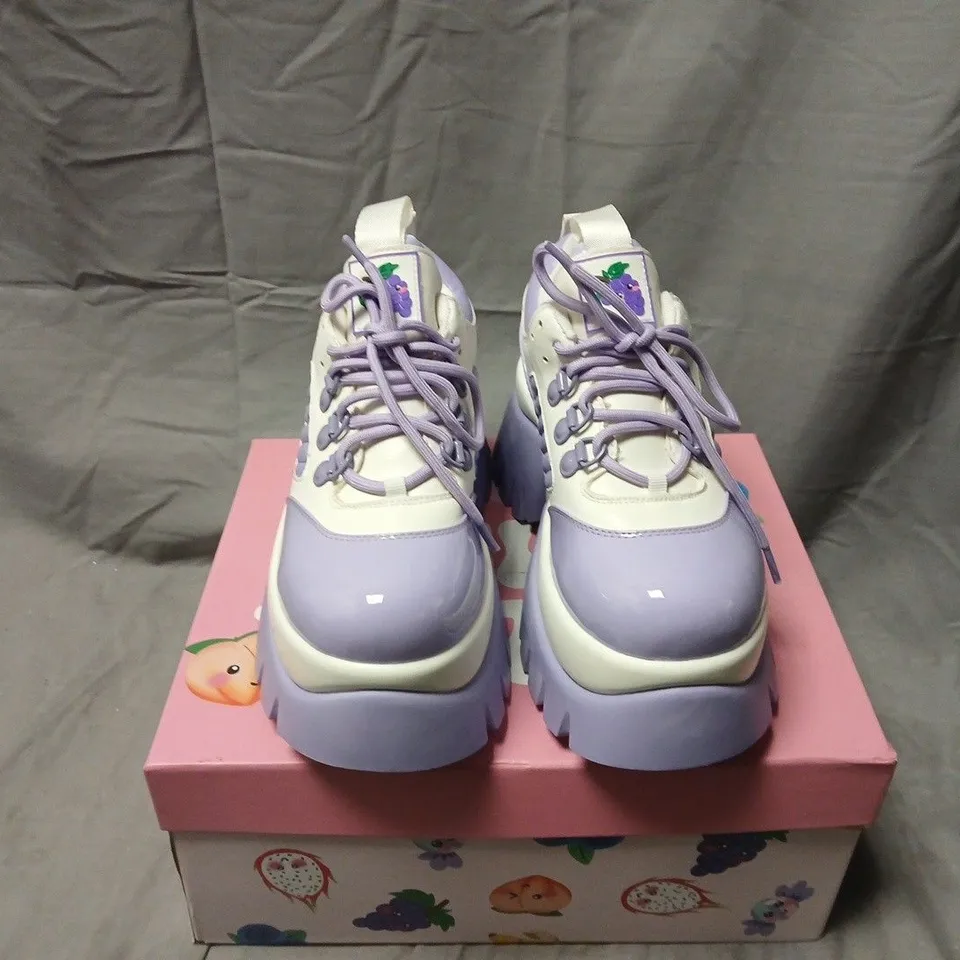BOXED PAIR OF KOI FRUITTI TUTTI GRAPE JELLY TRAINERS IN PURPLE/WHITE SIZE UK 5