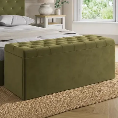 BOXED EMBERLY VELVET END OF BED STORAGE OTTOMAN - OLIVE (1 BOX)
