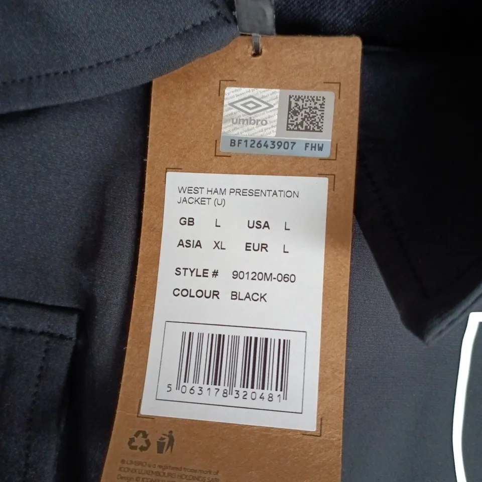WEST HAM UNITED PRESENTATION JACKET – UMBRO – UK L (GB L, USA L, ASIA XL, EUR L) – BLACK
