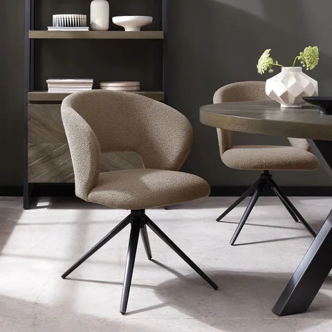 BOXED 360 DEGREE, SELF RETURNING BOUCLE SWIVEL CHAIR - BEIGE FABRIC/BLACK FRAME (1 BOX)