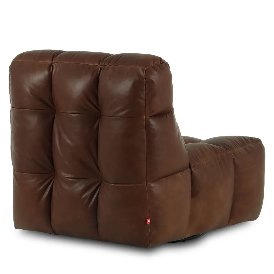 BRAND NEW BOXED JACQUES PUFFED ROBA LAZY SWIVEL LEATHER CHAIR - BROWN