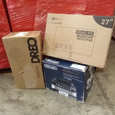 PALLET OF ASSORTED HOUSEHOLD GOODS AND PRODUCTS TO INCLUDE; FAN, COFFEE MACHINE, COMPUTER MONITORS, PAINT SPRAYER ETC