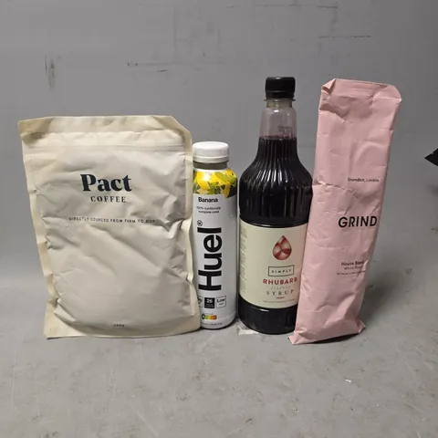 APPROXIMATELY 8 ASSORTED FOOD & DRINK ITEMS TO INCLUDE - HUEL BANANA , GRIND HOUSE BLEND , PACT COFFEE ETC