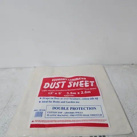 DUST SHEET – ECONOMY LAMINATED, 12 X 9 FT (3.5M X 2.6M), COTTON TOP WITH PLASTIC BACKING