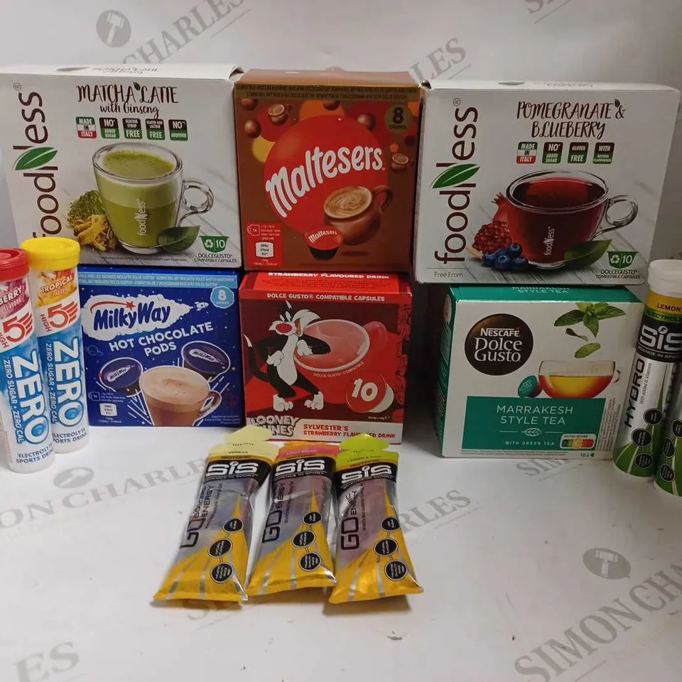 LOT OF APPROXIMATELY 13 ITEMS TO INCLUDE FOODNESS POMEGRANATE & BLUEBERRY (BOX 0F 10 CAPSULES, SIS STRAWBERRY & LIME HYDROTABLETS (84g), LOONEY TUNES SYLVESTERS STRAWBERRY FLAVOURED DRINK (10 CAPSULES