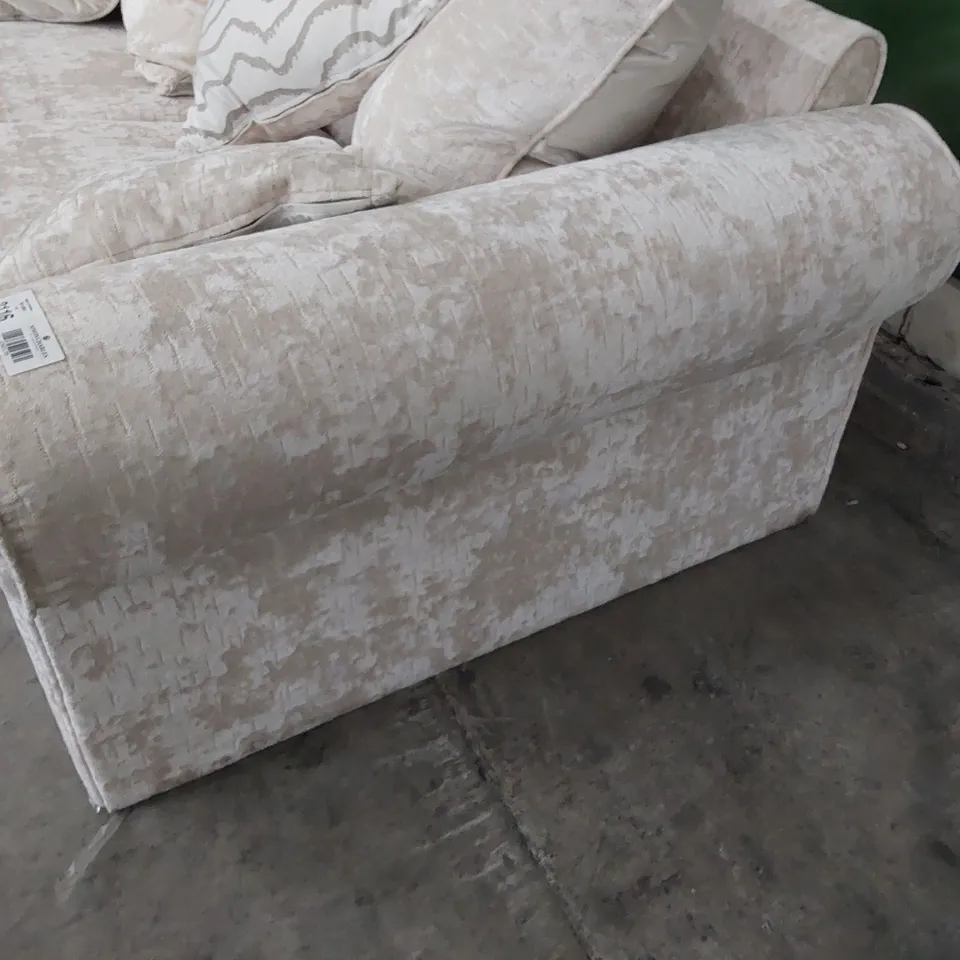 DESIGNER SCROLL ARM THREE SEATER SOFA WITH SCATTER CUSHIONS & STUDDED DETAIL 