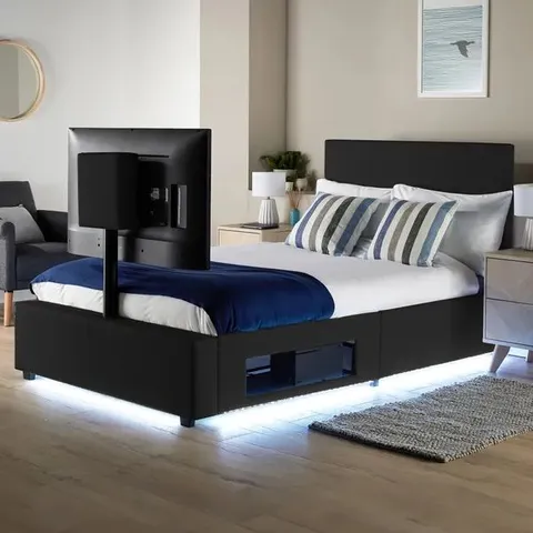 BOXED XR LIVING AVA PU SMALL DOUBLE TV BED WITH UNDERBED LIGHTS- BLACK (2 BOXES)