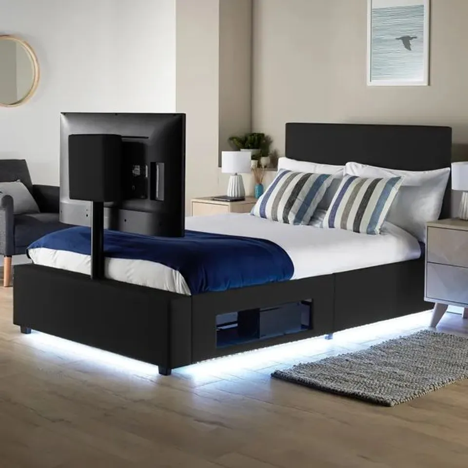 BOXED XR LIVING AVA PU SMALL DOUBLE TV BED WITH UNDERBED LIGHTS- BLACK (2 BOXES)