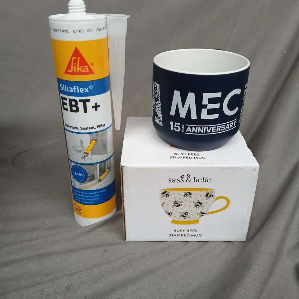 BOX OF ASSORTED ITEMS TO INCLUDE - MUGS - CUPS - SIKAFLEX 