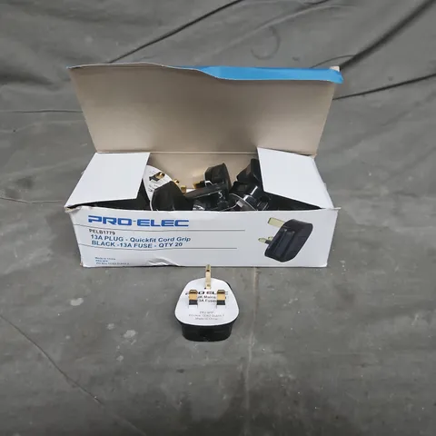 PRO-ELEC 13A PLUG & FUSE PACK (BOX OF 20) – QUICK-FIT CORD GRIP, BLACK