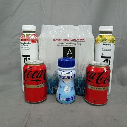 APPROXIMATELY 8 ASSORTED FOOD AND DRINK ITEMS TO INCLUDE HUEL, COCA-COLA, APTAMIL, ETC