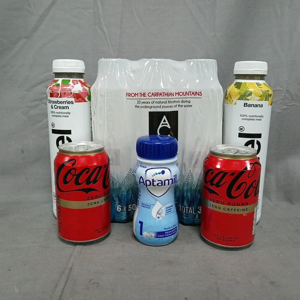 APPROXIMATELY 8 ASSORTED FOOD AND DRINK ITEMS TO INCLUDE HUEL, COCA-COLA, APTAMIL, ETC