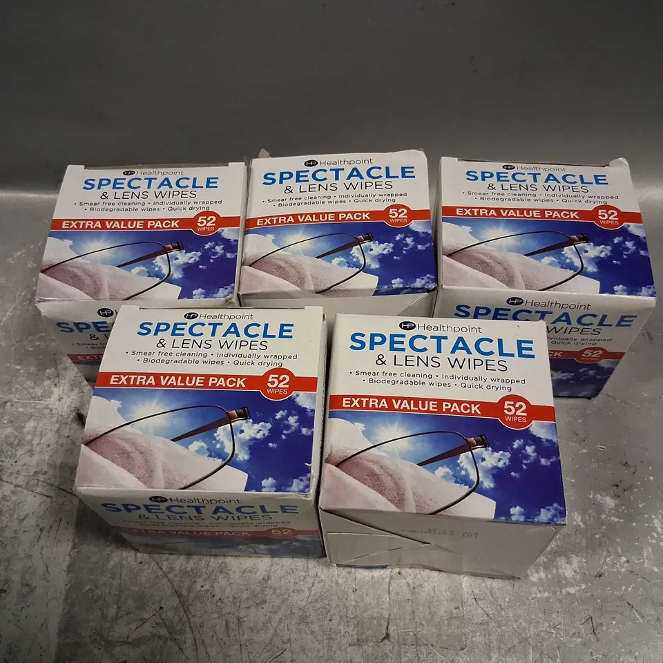 FIVE BOXES OF SPECTACLE AND LENS WIPES AND FIVE PAIRS OF GLASSES