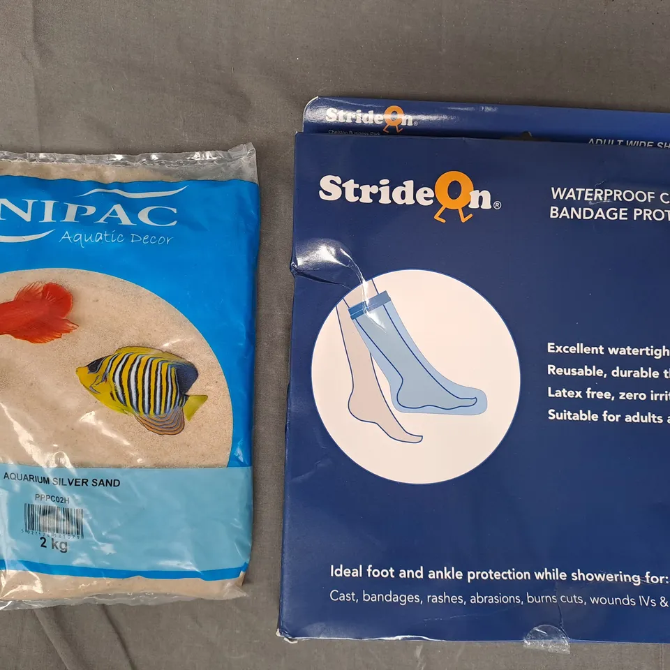 BOX OF APPROXIMATELY 20 ASSORTED HOUSEHOLD ITEMS TO INCLUDE AQUARIUM SAND, WATERPROOF CAST & BANDAGE PROTECTOR, ETC