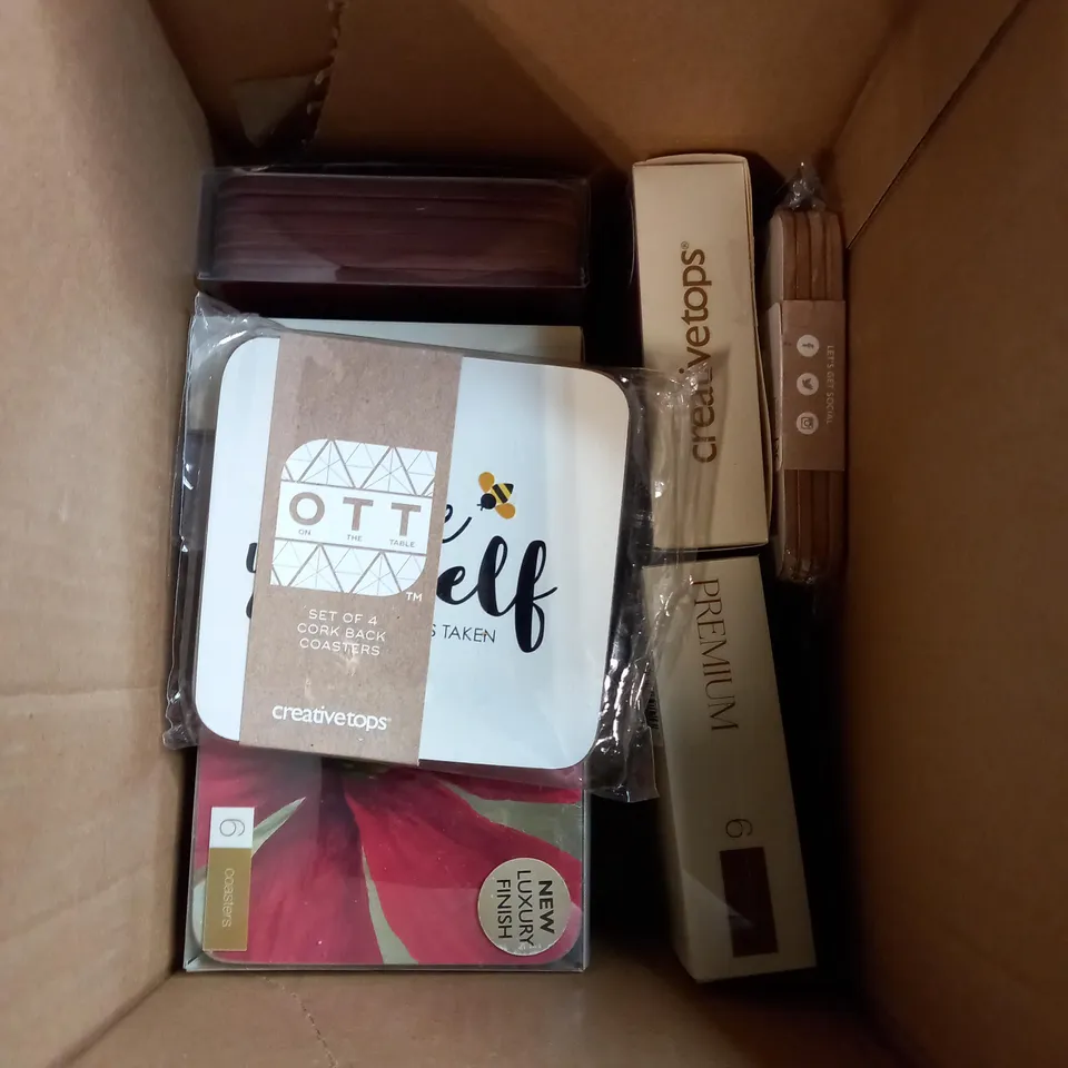 BOX OF APPROXIMATELY 15 CREATIVE TOPS CORK BACKED COASTER PACKS IN ASSORTED DESIGNS 