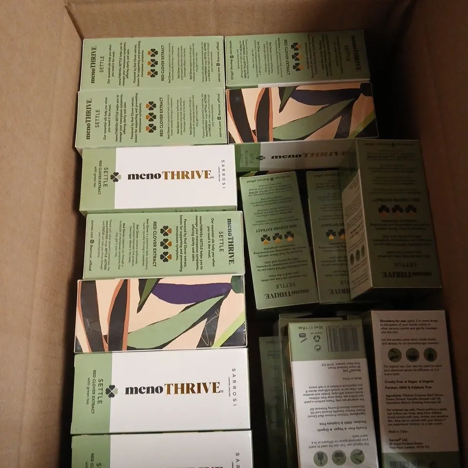 BOX OF APPROXIMATELY 30 SEALED SARROSI MENO THRIVE SETTLE AROMATHERAPY OIL 30ML – RED CLOVER EXTRACT WITH GREEN TEA