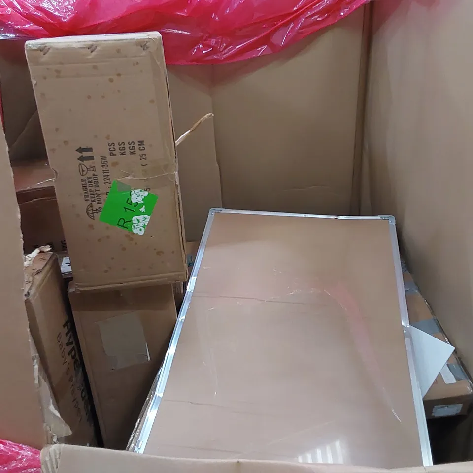 PALLET OF ASSORTED HOUSEHOLD ITEMS AND CONSUMER PRODUCTS. INCLUDING SIDE TABLE, AUTOMATIC LITTER BOX, ALUMINIUM LADDER, NOTICE BOARDS ETC