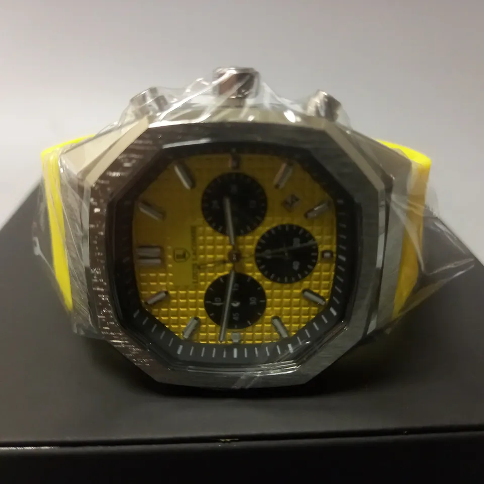 MENS LOUIS LACOMBE CHRONGRAPH WATCH – 3 SUB DIALS – GOLD COLOUR CASE – YELLOW RUBBER STRAP